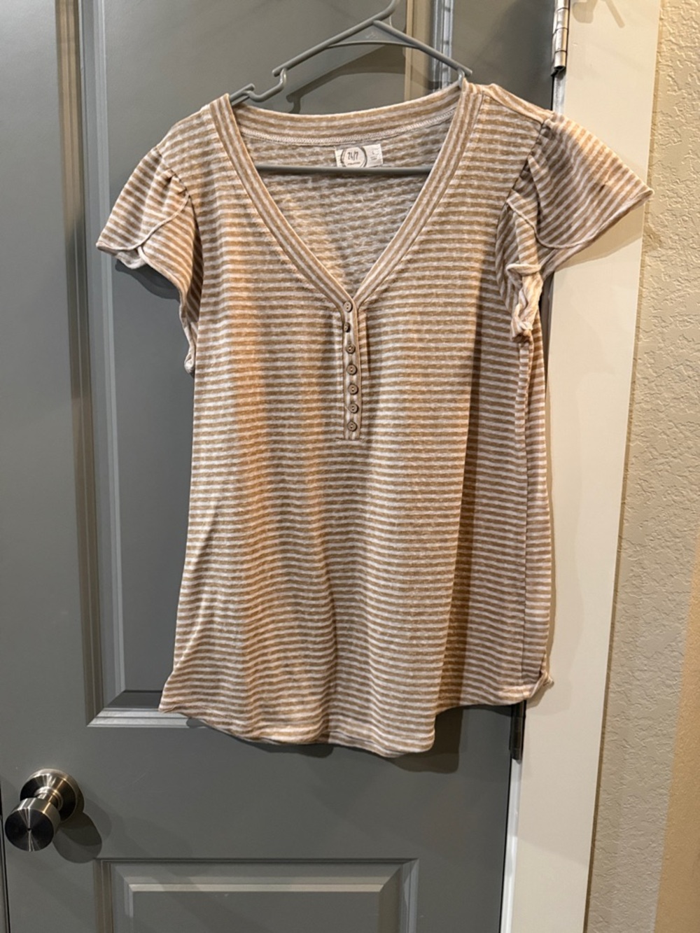 Maurices Beige & White Striped Short Sleeve Henley Top
